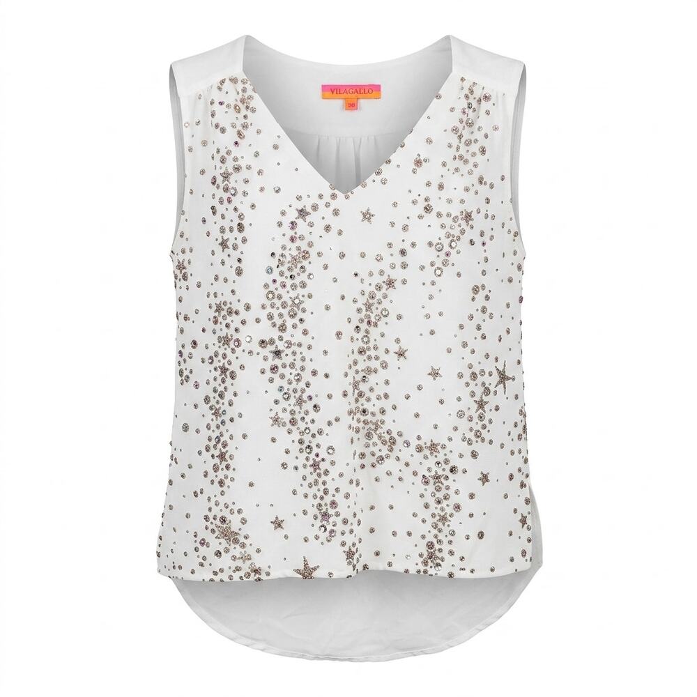 Vilagallo Silk Blend White Asymmetrical Hem V-Neck Blouse Women Size 38